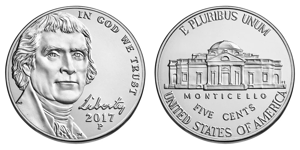 2017 Jefferson nickel obverse and reverse showing P mint mark and Monticello steps