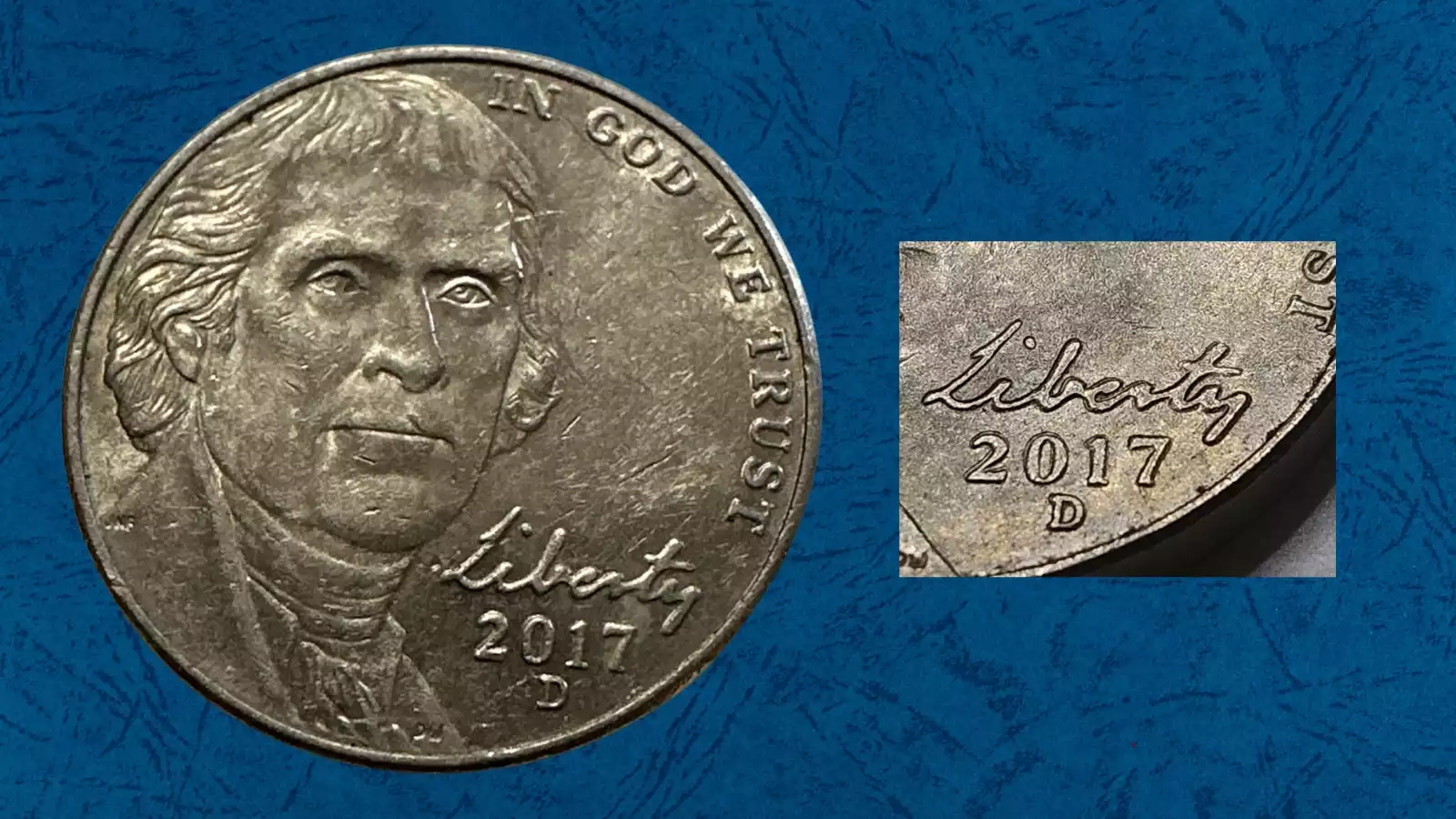 2017 nickel doubled die obverse DDO error showing doubling on LIBERTY inscription and date
