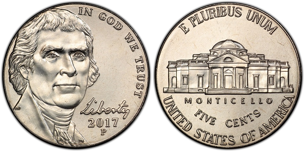 2017 Jefferson nickel grading strip showing four condition tiers from worn circulated to gem MS67